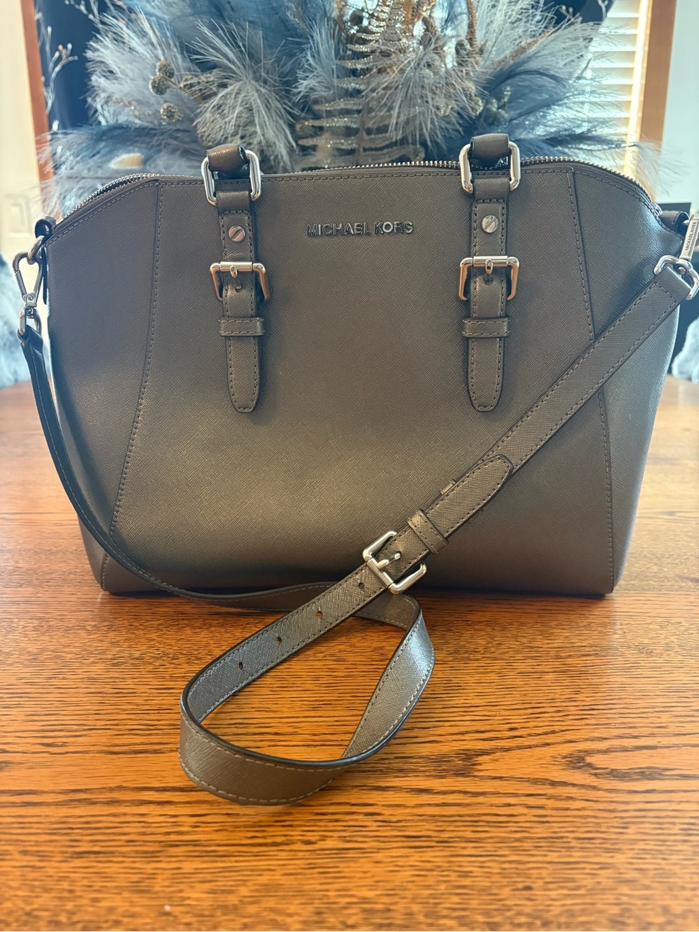 Michael Kors Metallic Gray Saffiano Leather Satchel with Adjustable Strap